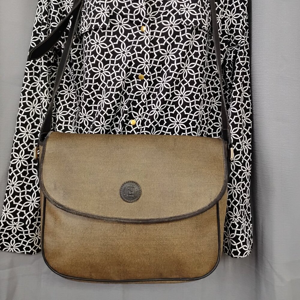 ❤️VTG FENDI Coated Canvas Khaki Crossbody Shoulder Flap Bag Purse +Dustbag